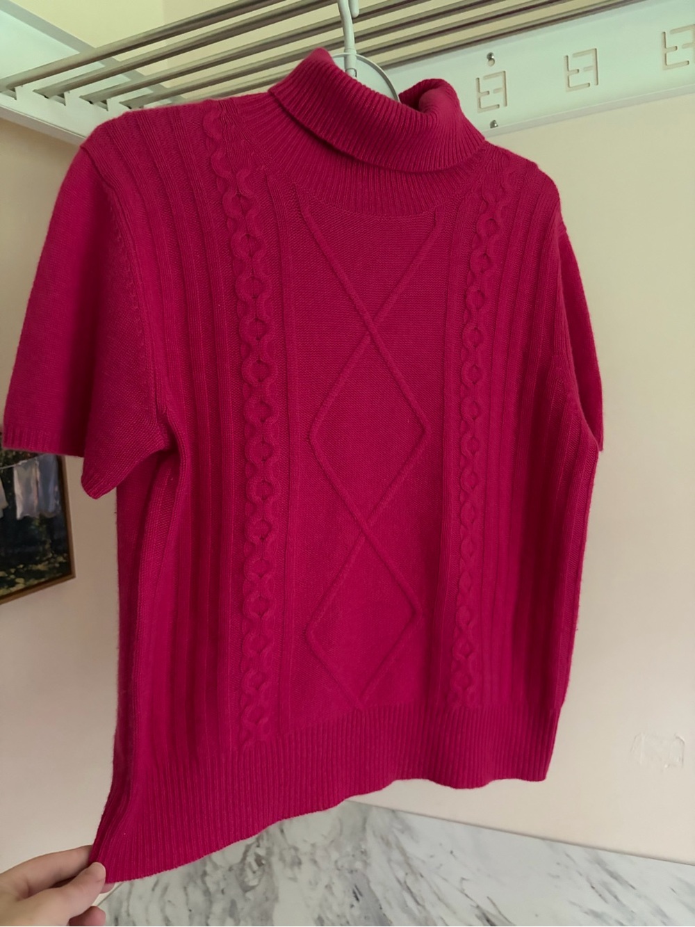 Evelyn Grace 100% Cashmere Diamond Cable Knit Short Sleeve Turtleneck Sweater XL